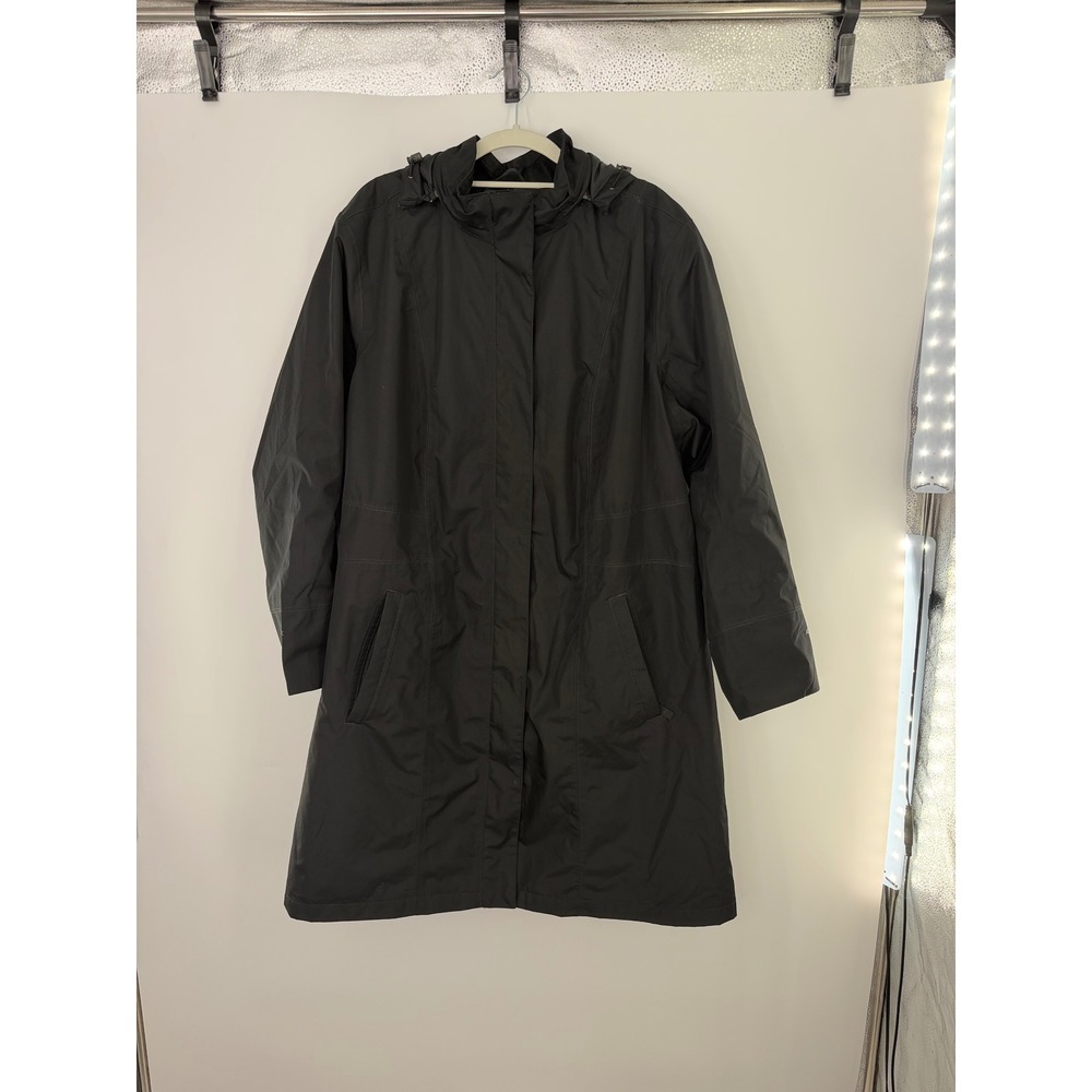 Eddie Bauer Womens 2X Black Hooded Rain Parka Jacket Longline Zip Front Coat